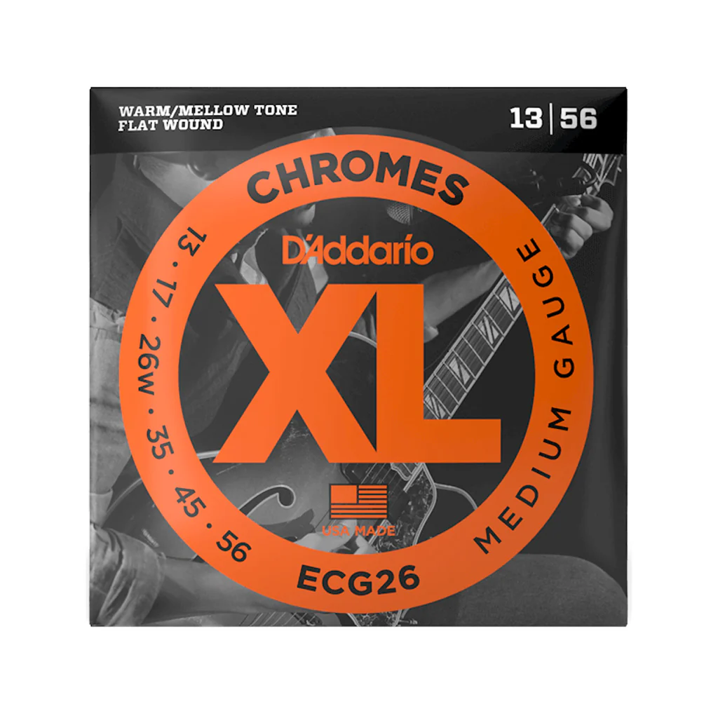 D'Addario ECG26 Chromes Flat Wound Electric Guitar Strings, Medium, 13-56
