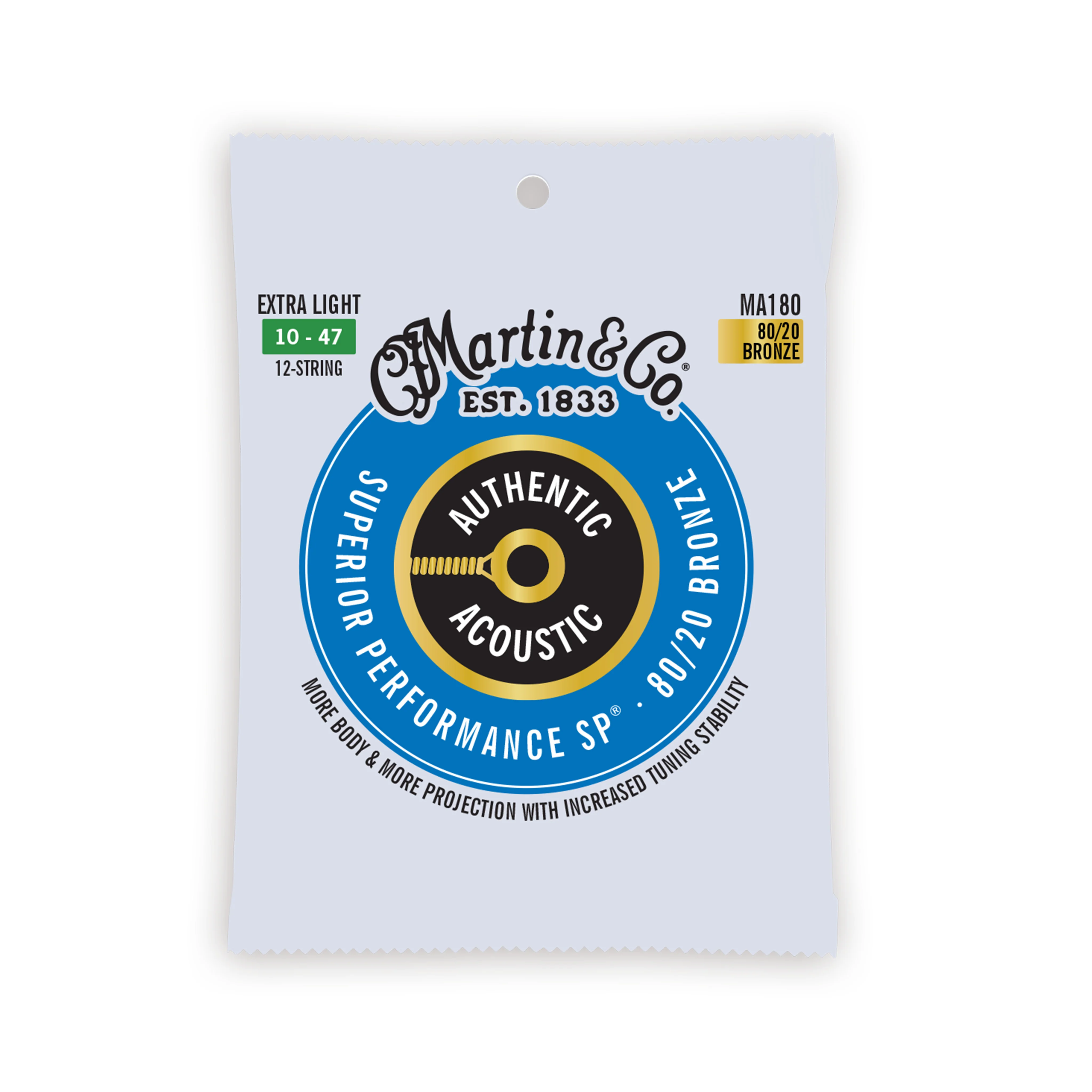 Martin MA180 Authentic Acoustic SP 80/20 Bronze Acoustic Guitar Strings, Extra Light 12-String, 10-47